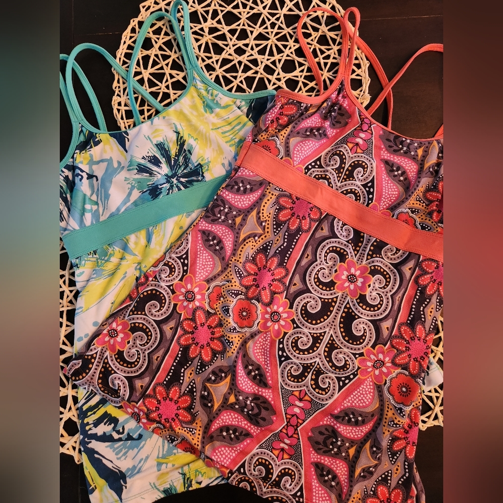 2 Prana Strappy Small Tank Top w/shelf bra Orange Blue Green Multi Climbing Yoga